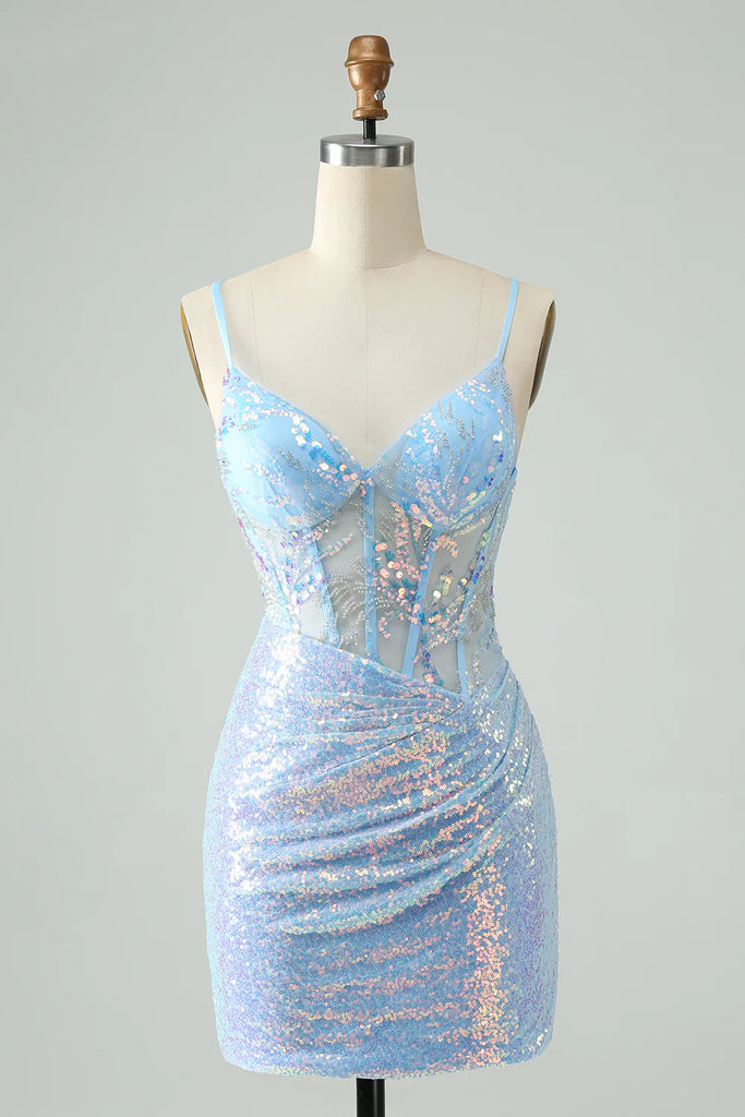 Spaghetti Straps Glitter Sequins Tight Light Blue Homecoming Dress-Pgmdress