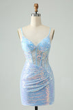 Spaghetti Straps Glitter Sequins Tight Light Blue Homecoming Dress-Pgmdress