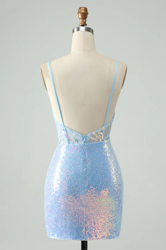 Spaghetti Straps Glitter Sequins Tight Light Blue Homecoming Dress-Pgmdress