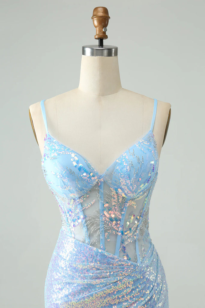 Spaghetti Straps Glitter Sequins Tight Light Blue Homecoming Dress-Pgmdress