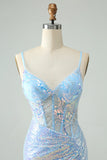 Spaghetti Straps Glitter Sequins Tight Light Blue Homecoming Dress-Pgmdress