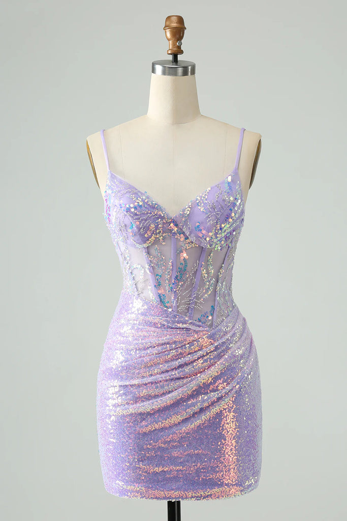 Spaghetti Straps Glitter Sequins Tight Light Blue Homecoming Dress-Pgmdress
