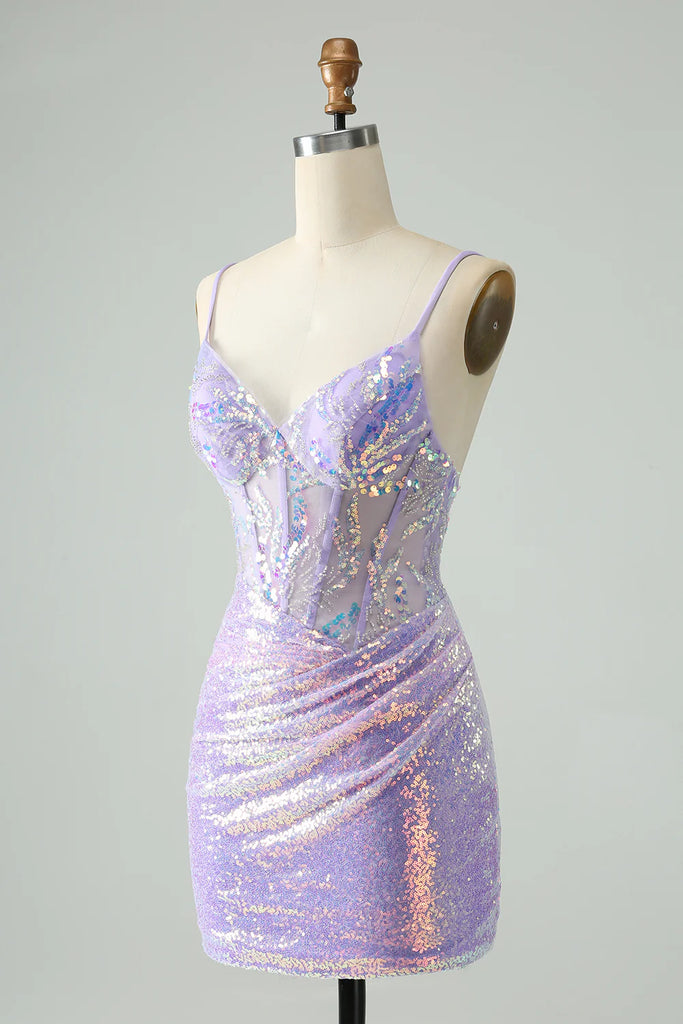 Spaghetti Straps Glitter Sequins Tight Light Blue Homecoming Dress-Pgmdress