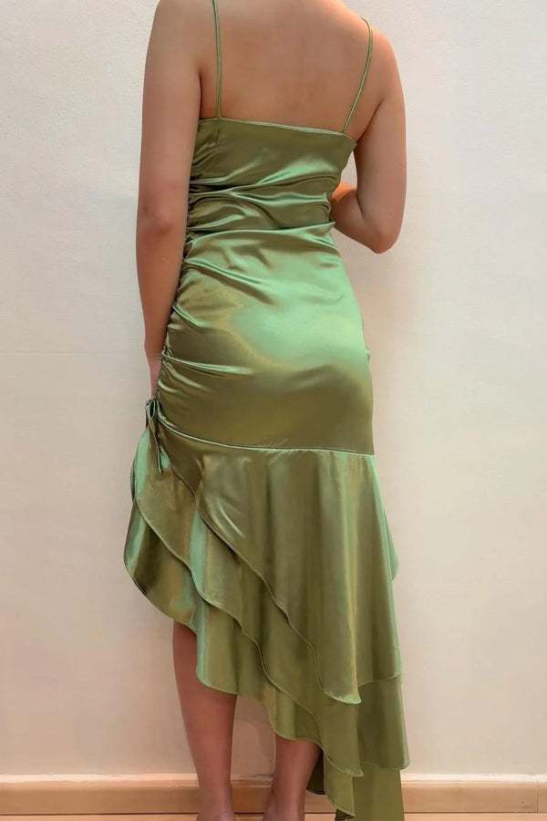 Spaghetti Straps Ruffles Sleeveless Green Long Prom Dress PSK721-Pgmdress