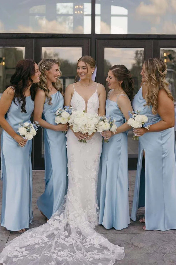 Spaghetti Straps Satin Pleats Simple Blue Long Bridesmaid Dress BD145-Pgmdress