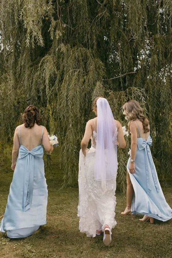 Spaghetti Straps Satin Pleats Simple Blue Long Bridesmaid Dress BD145-Pgmdress