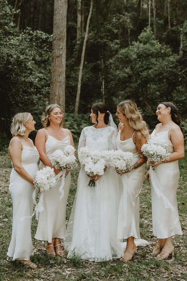 Spaghetti Straps Sheath Cowl Neck Tea Length Bridesmaid Dress BD138-Pgmdress