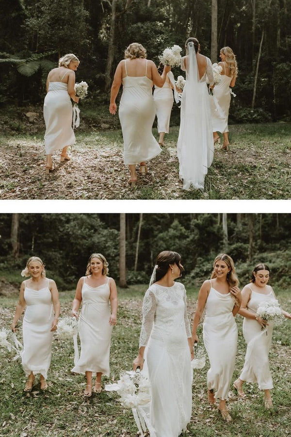 Spaghetti Straps Sheath Cowl Neck Tea Length Bridesmaid Dress BD138-Pgmdress