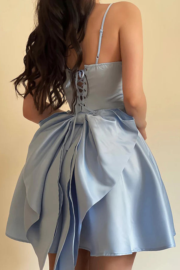 Spaghetti Straps Sleeveless Satin Party Dress Homecoming Dress with Bow-Pgmdress