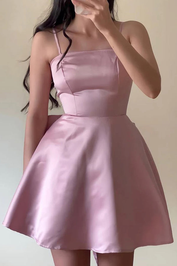 Spaghetti Straps Sleeveless Satin Party Dress Homecoming Dress with Bow-Pgmdress