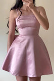 Spaghetti Straps Sleeveless Satin Party Dress Homecoming Dress with Bow-Pgmdress