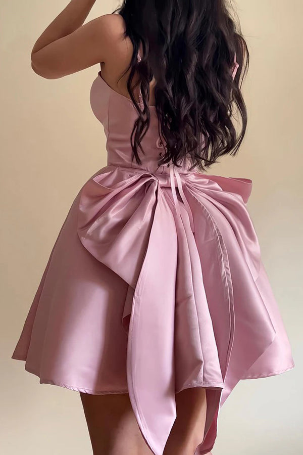 Spaghetti Straps Sleeveless Satin Party Dress Homecoming Dress with Bow-Pgmdress