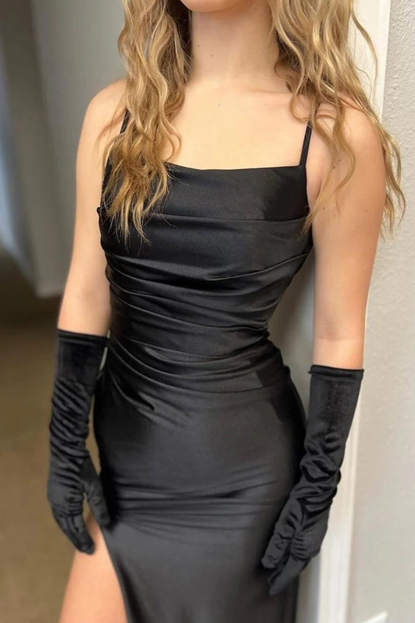 Spaghetti Straps Slit Mermaid Satin Pleated Black Prom Dress PSK711-Pgmdress