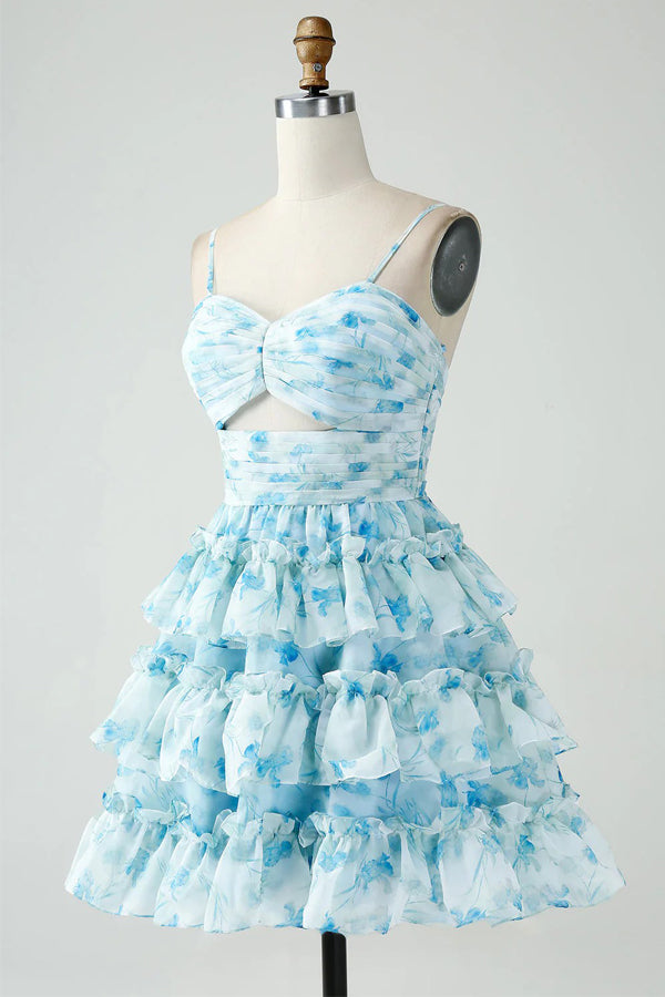 Spaghetti Straps Tiered Blue Floral Homecoming Dress Party Dress-Pgmdress