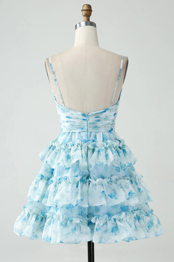 Spaghetti Straps Tiered Blue Floral Homecoming Dress Party Dress-Pgmdress