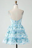 Spaghetti Straps Tiered Blue Floral Homecoming Dress Party Dress-Pgmdress