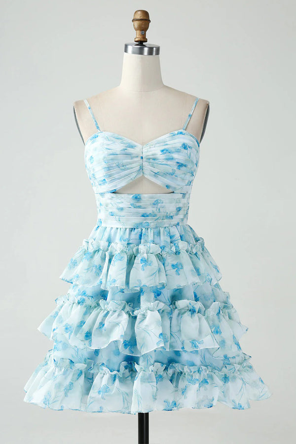Spaghetti Straps Tiered Blue Floral Homecoming Dress Party Dress-Pgmdress
