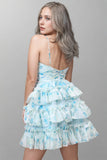 Spaghetti Straps Tiered Blue Floral Homecoming Dress Party Dress-Pgmdress
