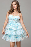 Spaghetti Straps Tiered Blue Floral Homecoming Dress Party Dress-Pgmdress