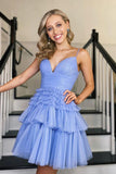 Spaghettiträger V-Ausschnitt A-Linie Tüll Mini Homecoming-Kleid PD488