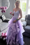 Robe de bal lilas à bretelles spaghetti, col en V, volants, sans manches, PSK645
