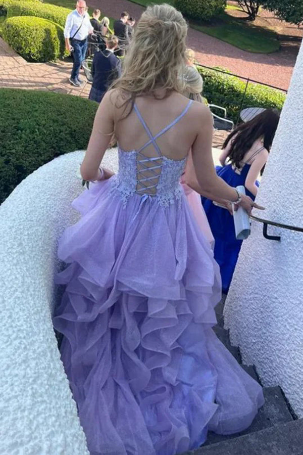 Spaghetti Straps V-Neck Ruffles Sleeveless Lilac Prom Dress PSK645-Pgmdress