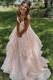 Robe de bal longue rose à bretelles spaghetti, col en V, volants, sans manches, PSK639