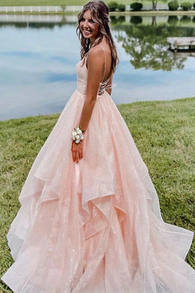 Spaghetti Straps V-Neck Ruffles Sleeveless Pink Long Prom Dress PSK639-Pgmdress