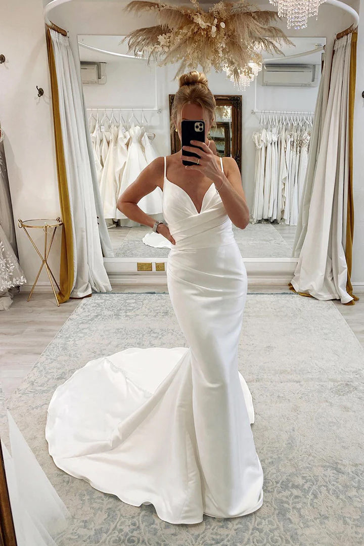 Spaghetti Straps V-Neck Pleats Simple Mermaid Satin Wedding Dress US18 / Custom Color Spaghetti Straps V-Neck Pleats Simple Mermaid Satin Wedding Dress US18 / Custom Color