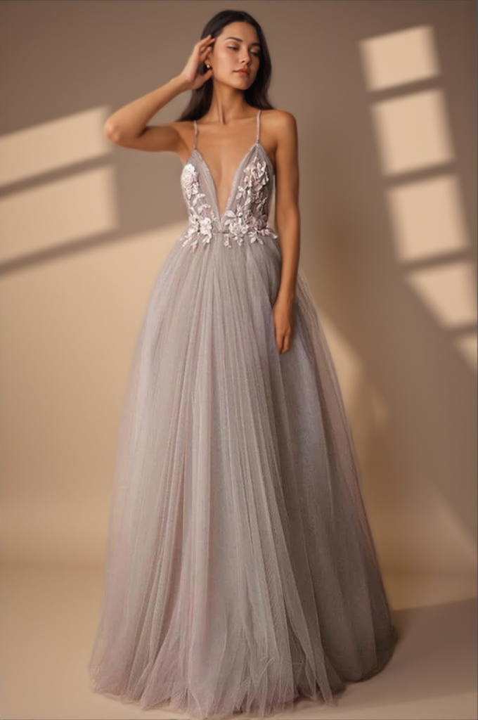 Spaghetti Strap Deep V Neck Beach Wedding Dresses With Applique  WD321-Pgmdress