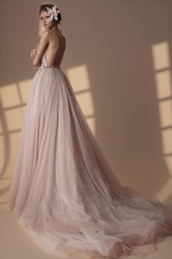 Spaghetti Strap Deep V Neck Beach Wedding Dresses With Applique  WD321-Pgmdress