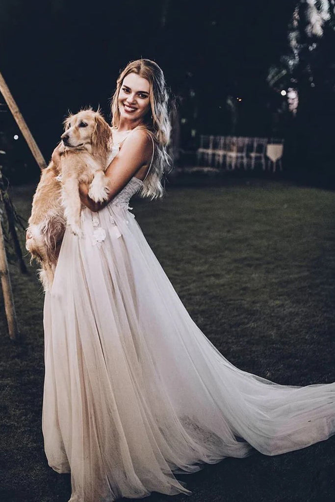 Spaghetti Strap V Neck Beach Wedding Dresses Backless Bridal Dresses  WD285-Pgmdress