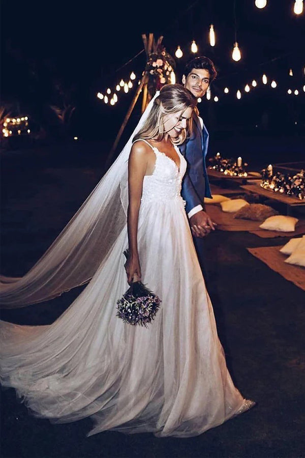 Spaghetti Strap V Neck Beach Wedding Dresses Backless Bridal Dresses  WD285-Pgmdress