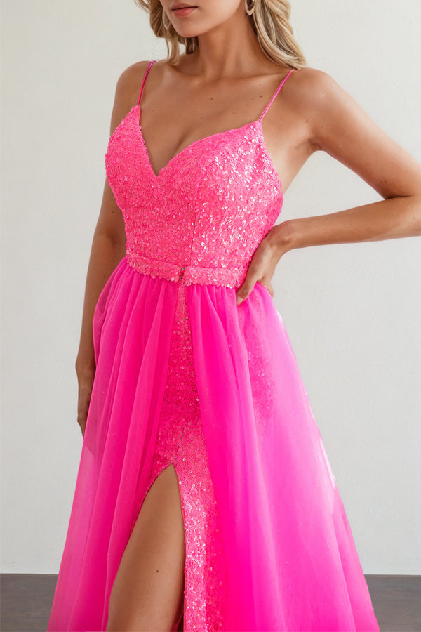 Spaghetti Straps Fuchsia Prom Dress Party Dress With Split-Pgmdress
