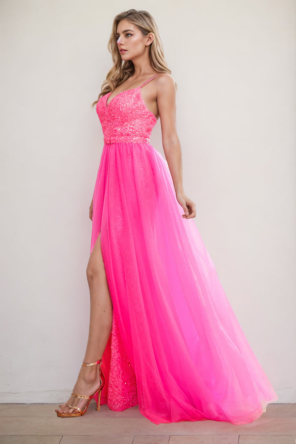 Spaghetti Straps Fuchsia Prom Dress Party Dress With Split-Pgmdress