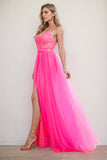 Spaghetti Straps Fuchsia Prom Dress Party Dress With Split-Pgmdress