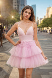 Spaghetti Straps V-Neck A-Line Tulle Mini Homecoming Dress PD488-Pgmdress