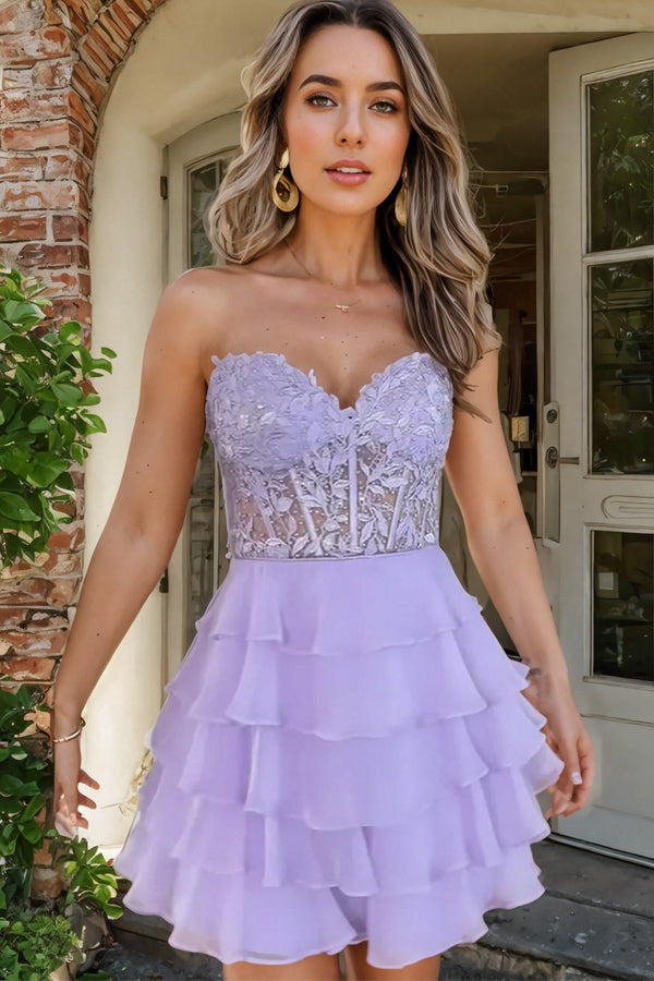 Sparkly A-line Strapless Appliques Tiered Lilac Homecoming Dress PD553-Pgmdress