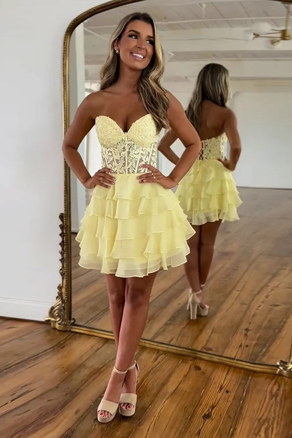 Sparkly A-line Strapless Appliques Tiered Lilac Homecoming Dress PD553 US4 / Yellow Sparkly A-line Strapless Appliques Tiered Lilac Homecoming Dress PD553 US4 / Yellow