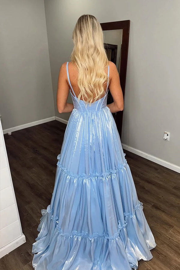 Sparkly A Line V Neck Glitter  Light Blue Long Prom Dress PSK640-Pgmdress