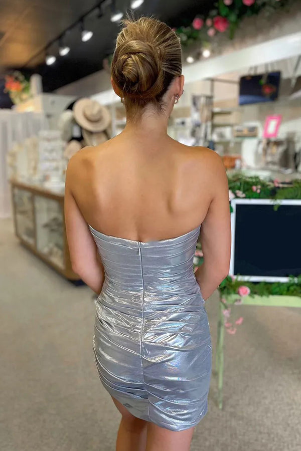 Sparkly Beaded Strapless Tight Satin Silver Homecoming Dress  PD536-Pgmdress