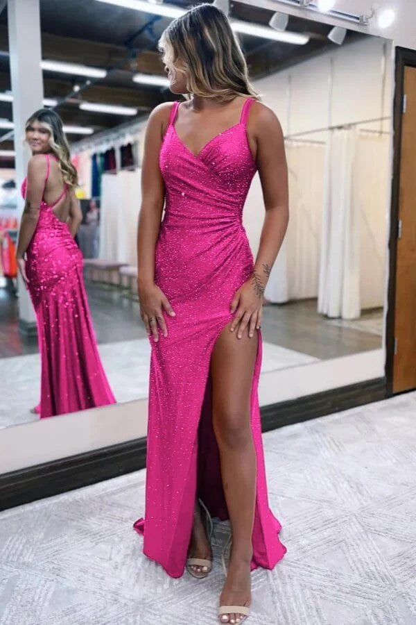 Sparkly Dark Red V Neck Sequins Long Prom Dress with Slit PSK689 US4 / Pink