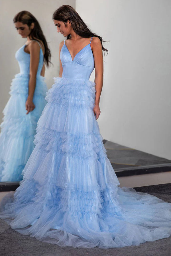 Sparkly Light Blue Tiered Tulle Long Prom Dress Party Dress PSK674 US18 / Custom Color