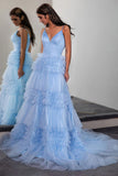 Robe de bal longue en tulle bleu clair scintillant à volants PSK674