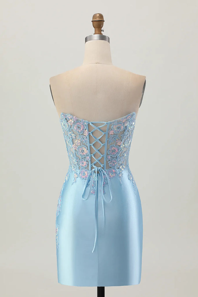 Sparkly Light Blue Sequined Tight Corset Short Homecoming Dress