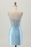 Sparkly Light Blue Sequined Tight Corset Short Homecoming Dress