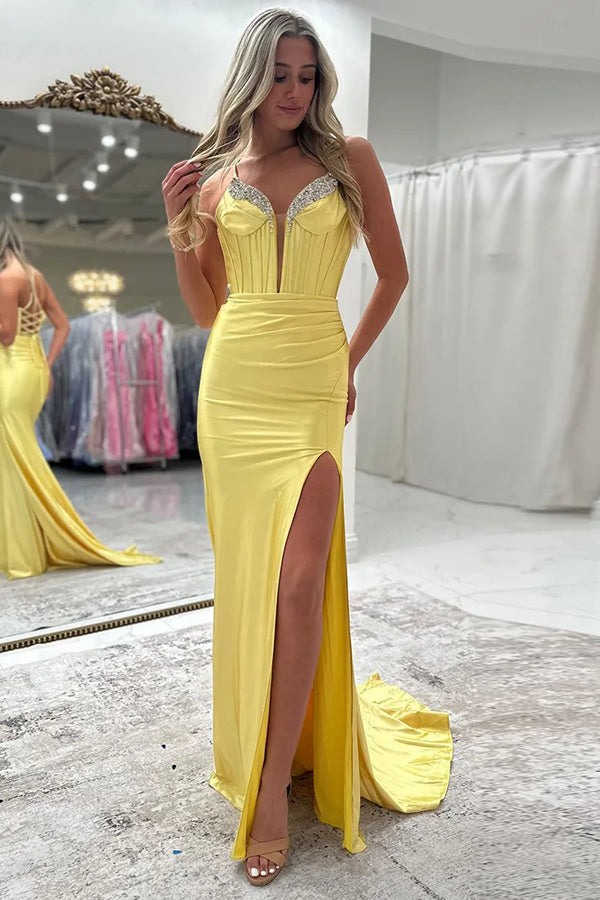 white christmas dresses Sheer-Corset Long Draped Prom Dress CD265 Yellow / 2 main image 0
