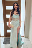 Robe de bal longue bleu clair à corset sirène scintillant et fente PSK641