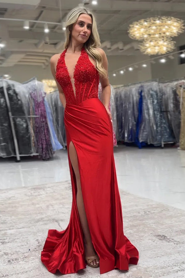 Sparkly Mermaid Halter V-Neck Royal Blue Long Prom Dress PSK667-Pgmdress