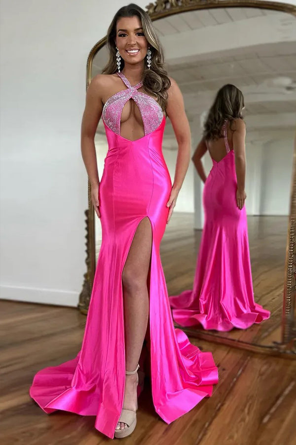 Sparkly Mermaid Silver Long Prom Dress with Beading PSK598 US10 / Hot Pink